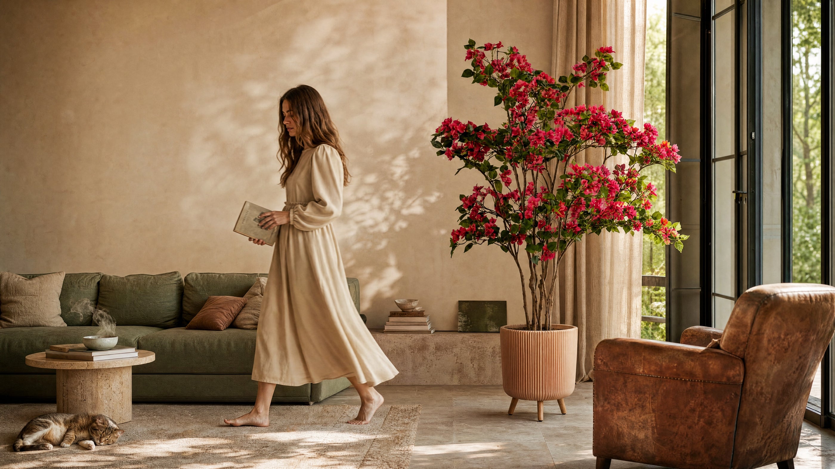 Bougainvillier artificiel Maison Moya dans son cache-pot signature, lumière du matin